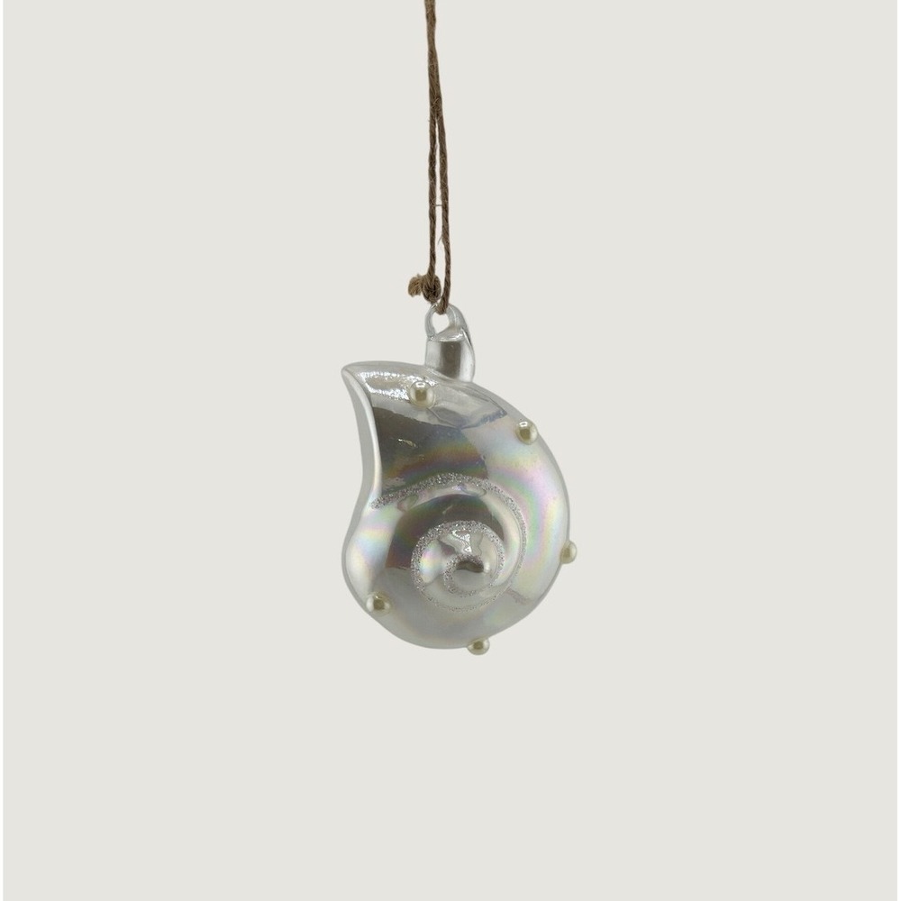White Iridescent Glass Seashell Pearl Coastal Decor Ornament Holiday Christmas